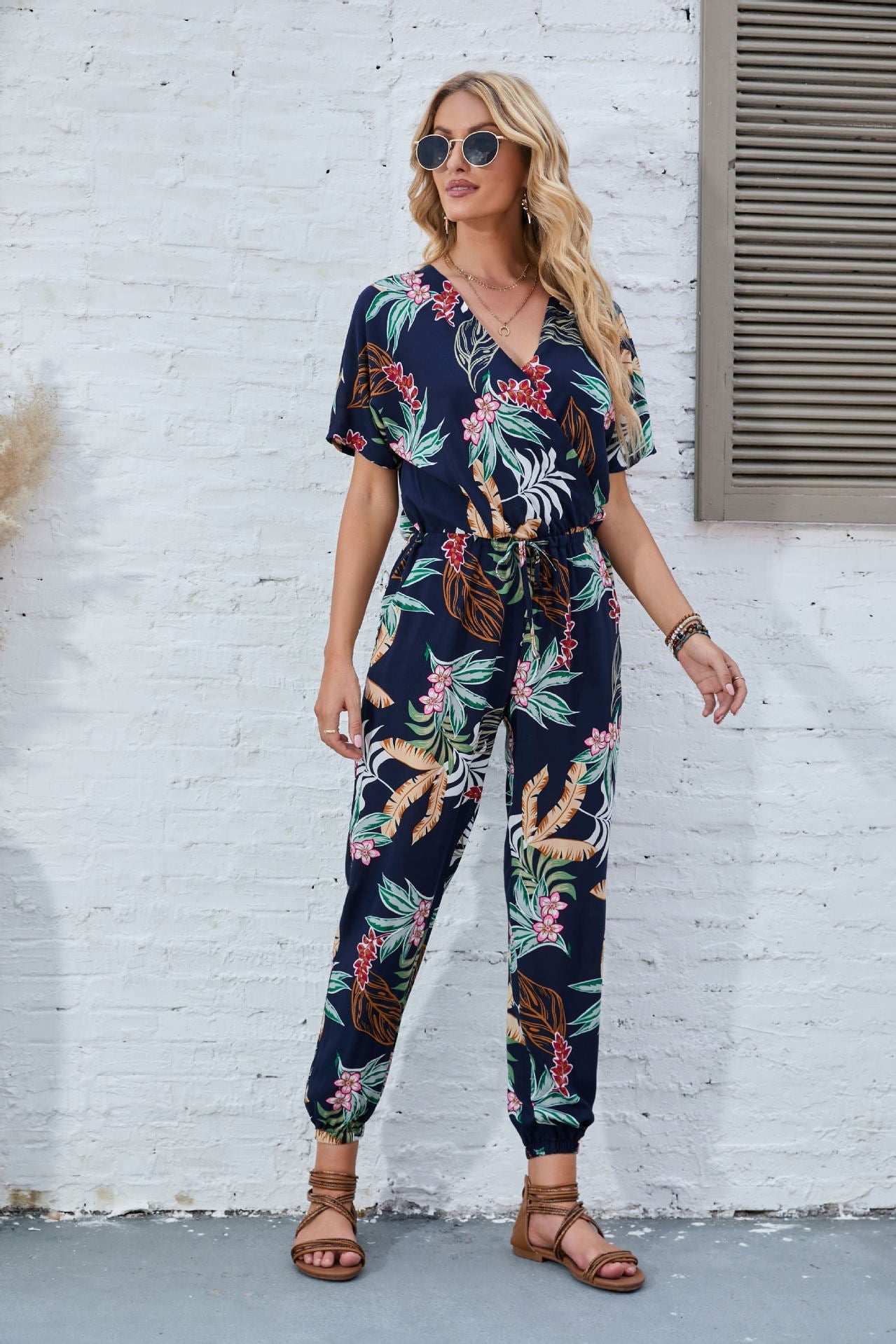 IvyShape | Belted Elastic Waist Printed Short Sleeve Jumpsuit