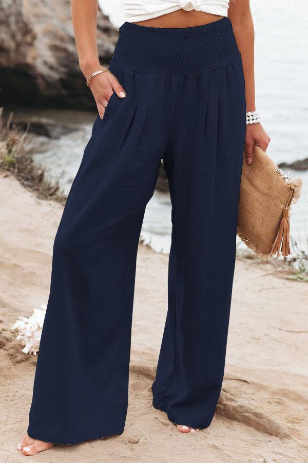 Women wide linen pants with elastic waistband and pleats Ivyshape
