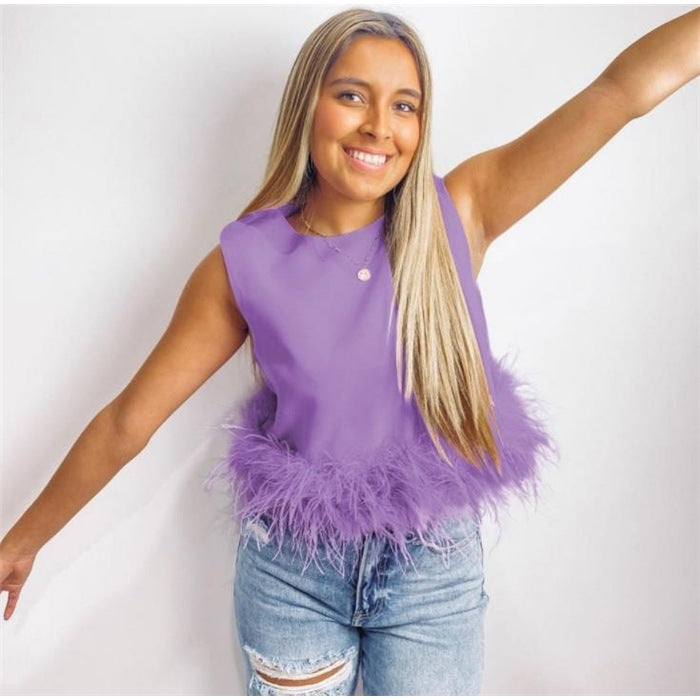 Women Elegant Top with Feathers and Round Neck Ivyshape