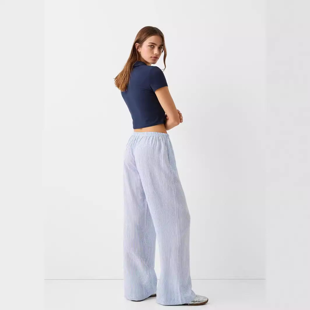 Ivyshape | Pinstripe Casual Loose Trousers with Elastic Waist for Women