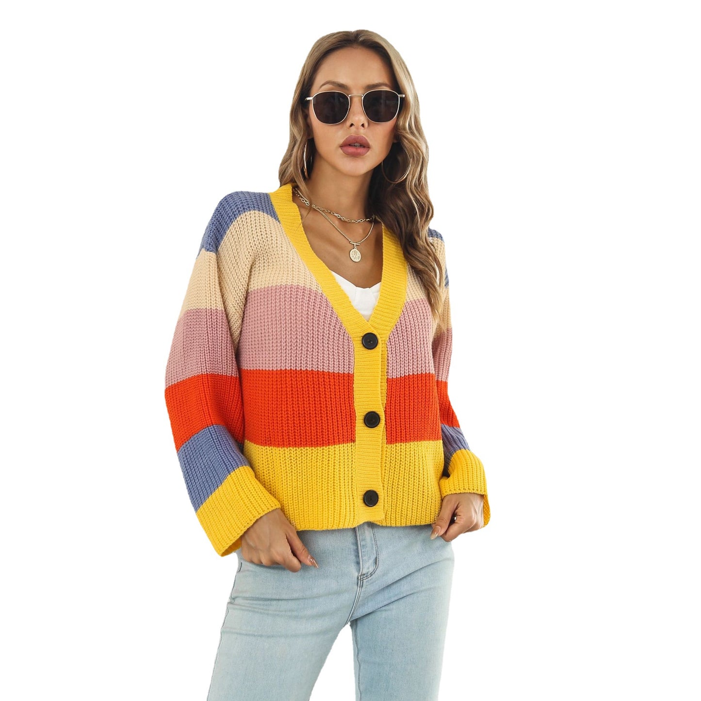 Women's chunky knit cardigan with button details and trendy color play Ivyshape