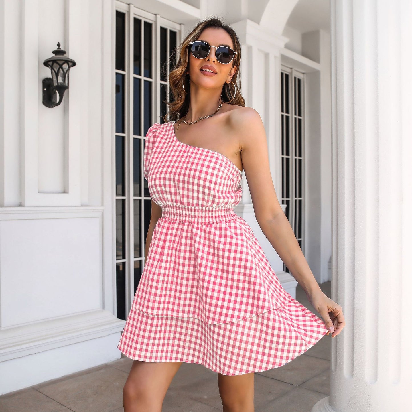 Ladies Long Sleeve Dress with One-Sided Strap and Casual Checkered Pattern Ivyshape