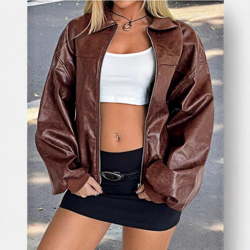 Women Faux Leather Bomber Jacket Ivyshape