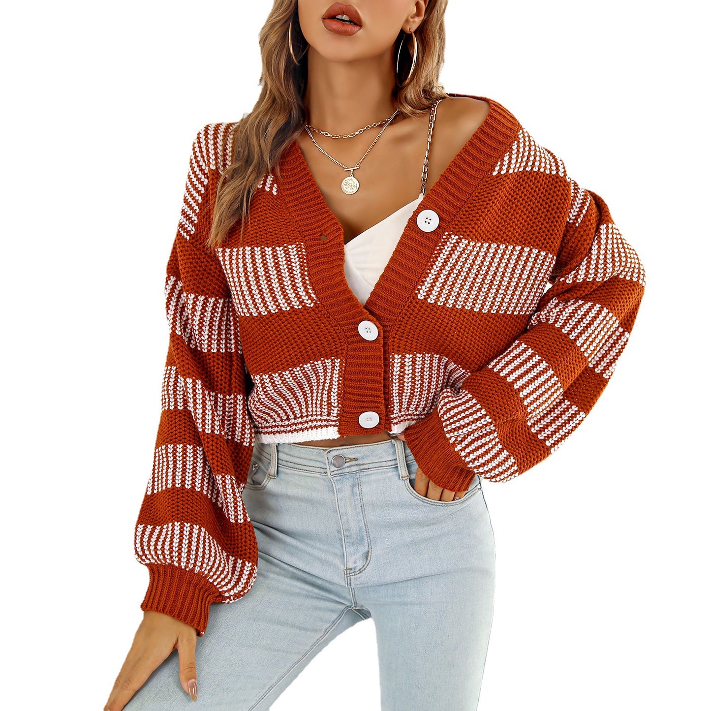 Ladies fashionable short sweater with a large V-neck and special stripe patterns Ivyshape