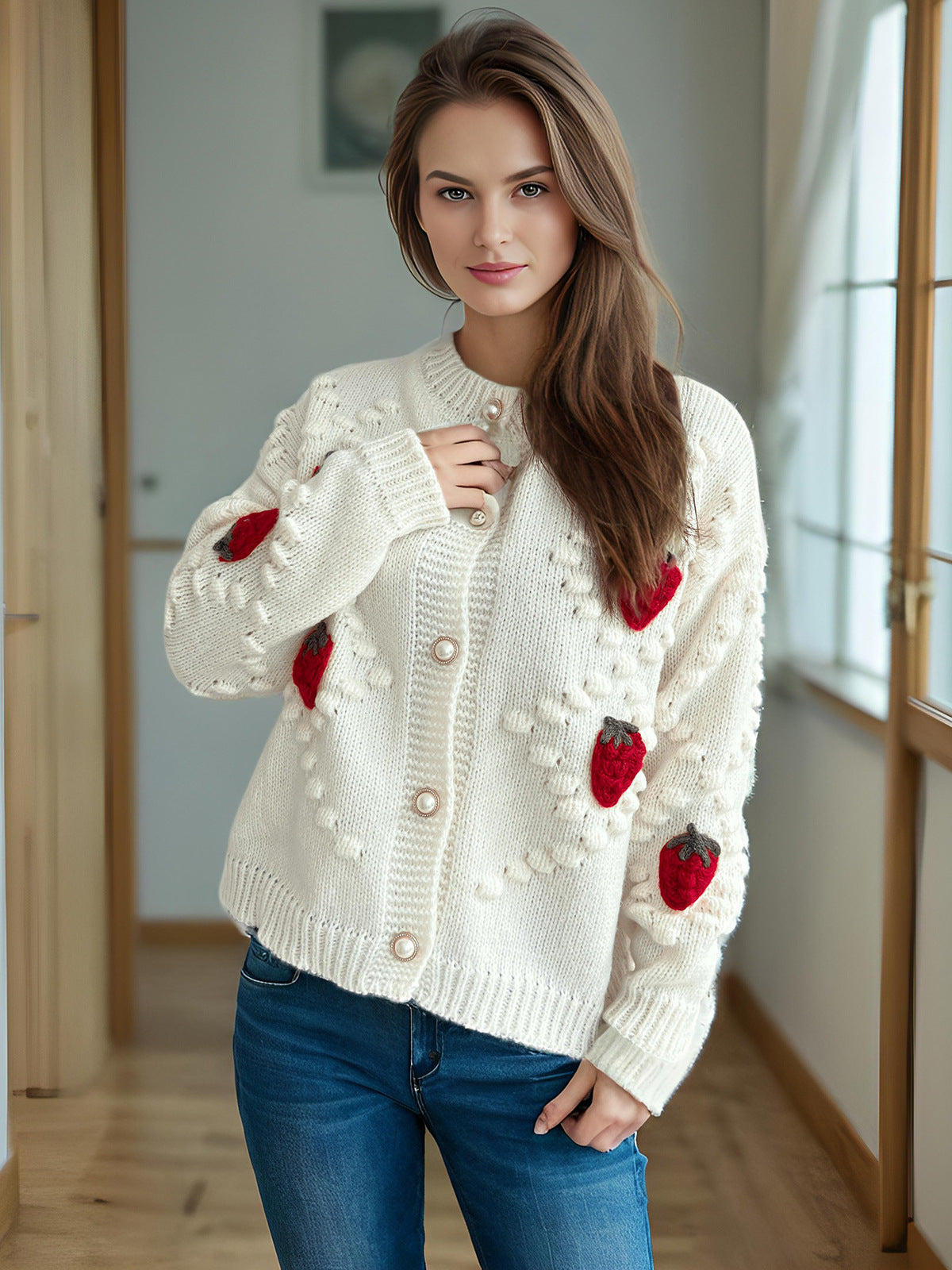 Women's cardigan with playful strawberry motif and button details Ivyshape