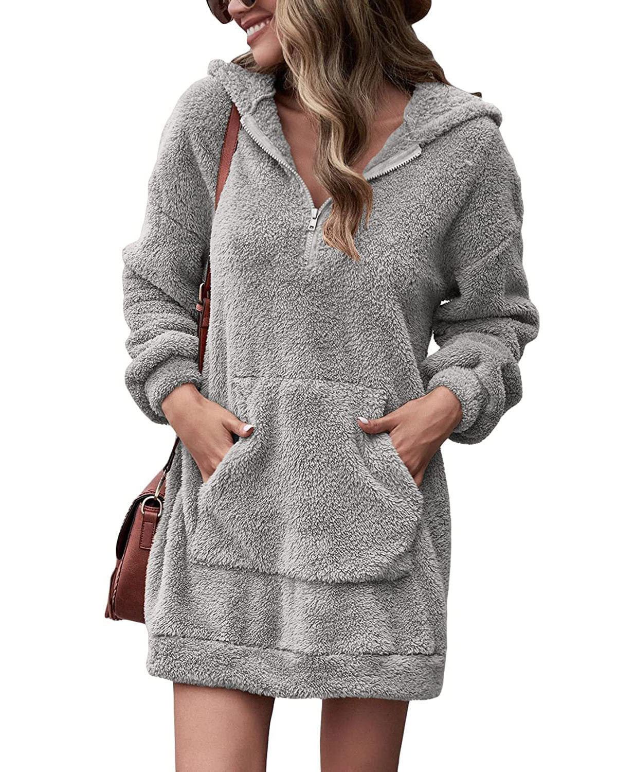 Women's fleece hooded dress with pockets and zipper Ivyshape