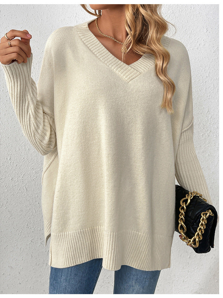 IvyShape | V-Neck Split Long Sleeve Knit Sweater