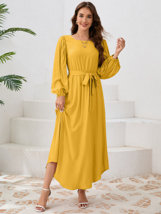 Ladies maxi dress with wide-cut sleeves and adjustable belt Ivyshape
