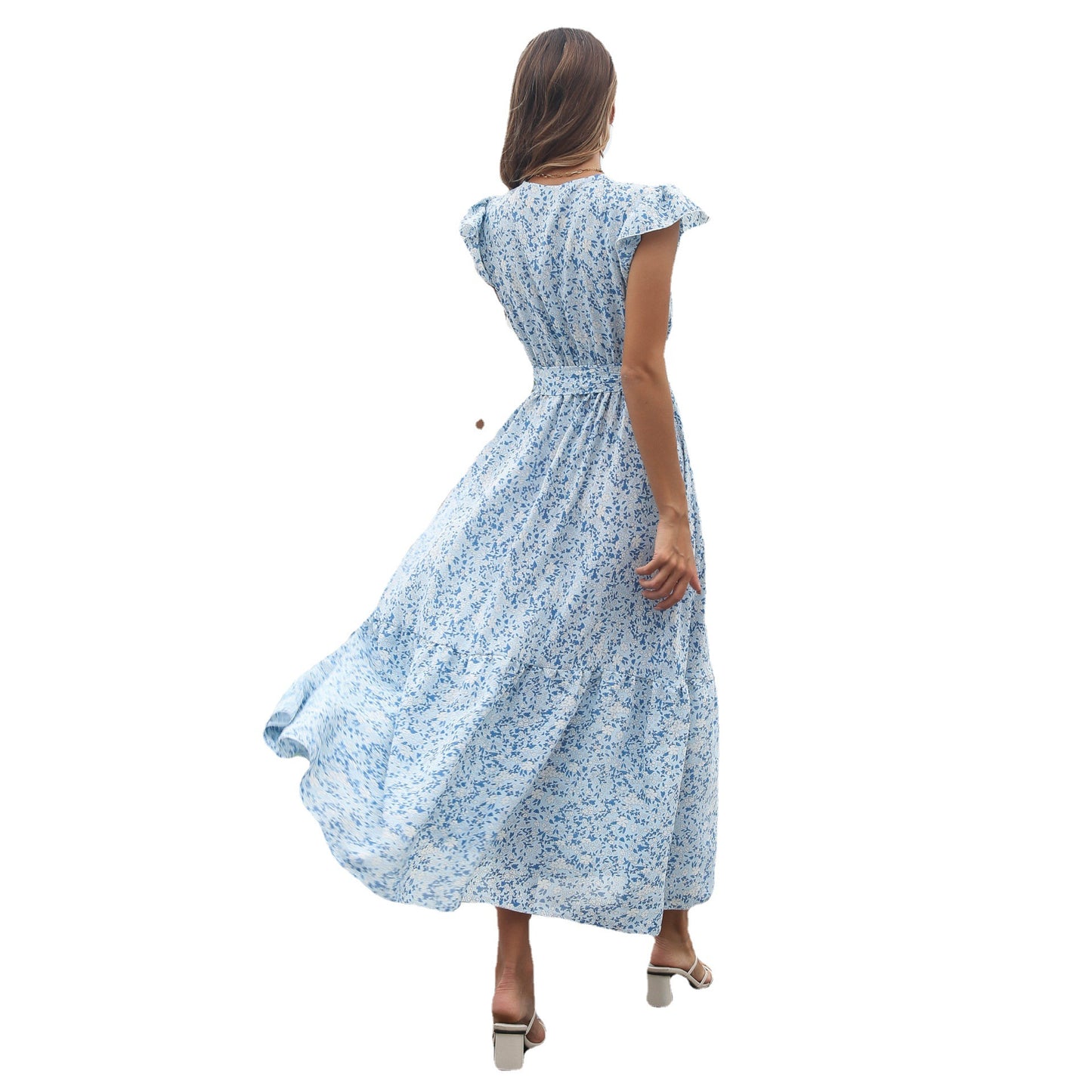 Ladies maxidress with floral pattern and waist belt Ivyshape