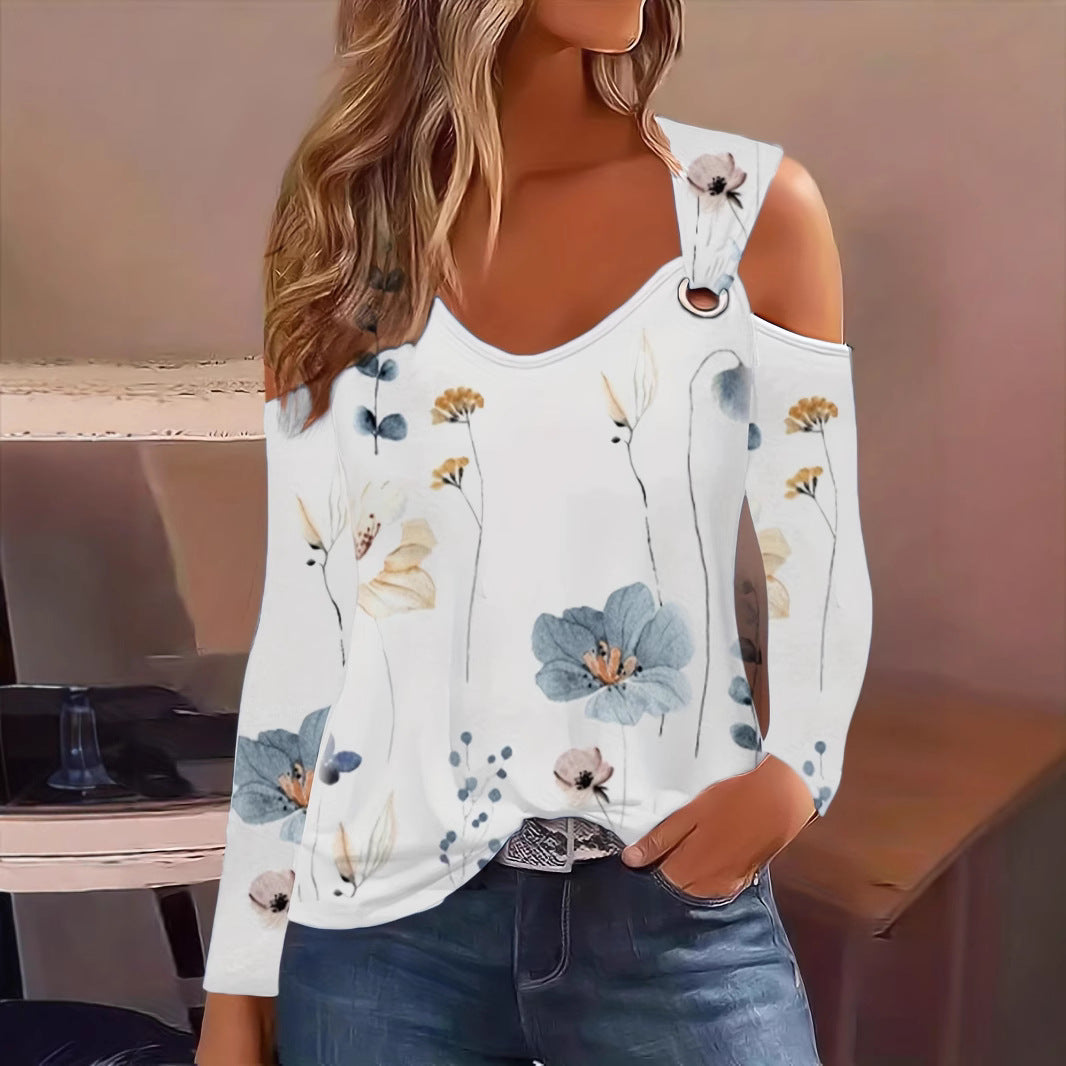 IvyShape | Metal Buckle Floral Print V-Neck Off-Shoulder Top