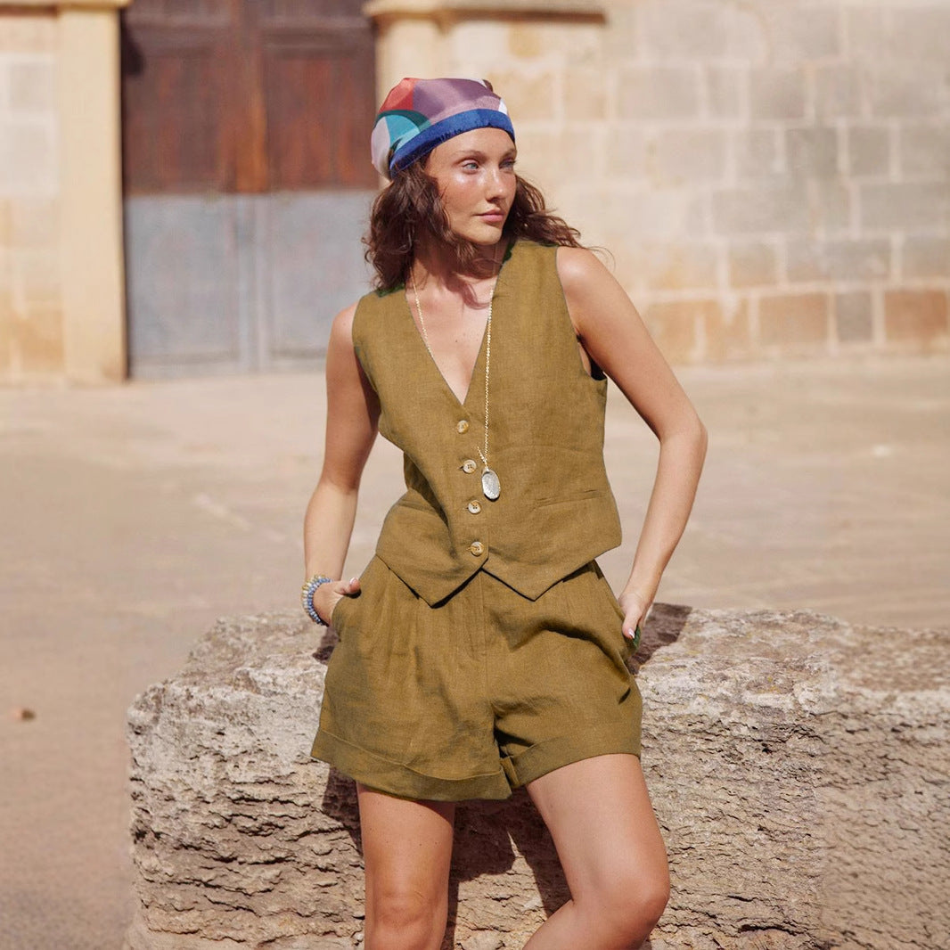 Ladies Two-Piece Linen Set with Fitted Vest and Shorts Ivyshape