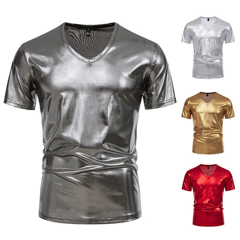 Men's V-neck T-shirt made of shiny material with personal style Ivyshape