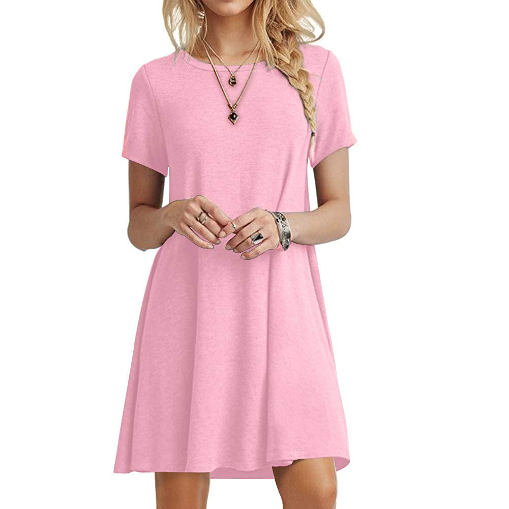 Ladies loose fitting casual dress with round neckline and short sleeves Ivyshape