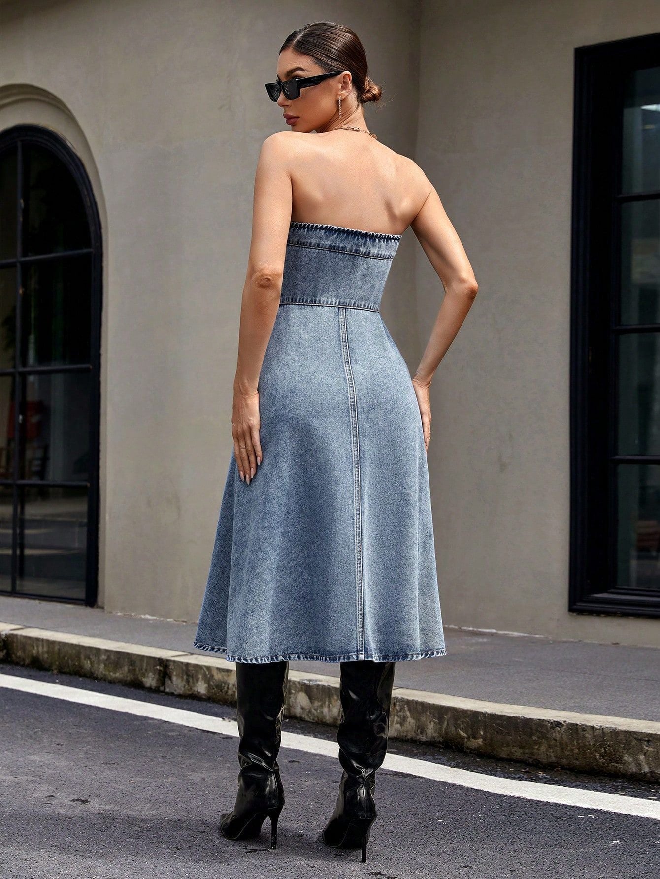 Ivyshape | Strapless Button-Front Denim Dress