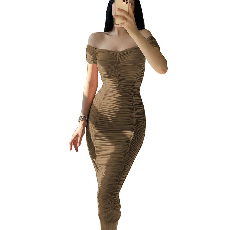 Women's Fitted Evening Dress with Off-Shoulder Cut and Gatherings Ivyshape