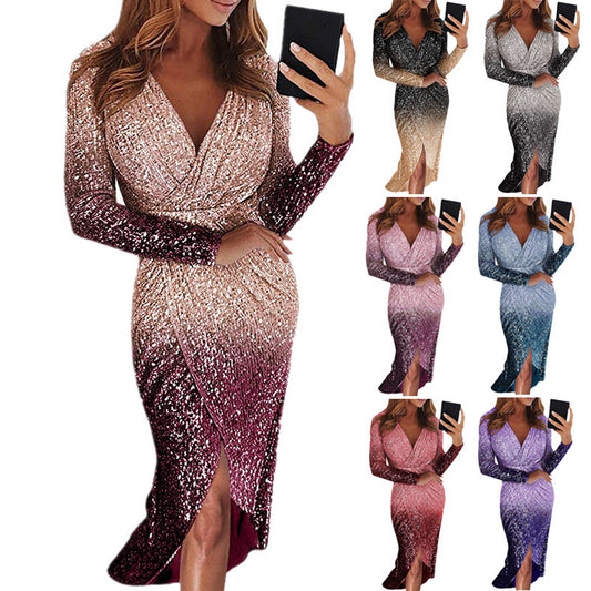Women Elegant Wrap Dress with Shimmering Sequin Design and Long Sleeves Ivyshape