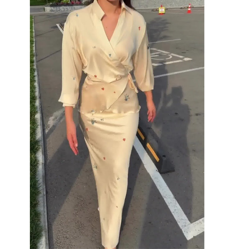 Ladies Elegant Satin Dress with Floral Design and Wrap Look Ivyshape