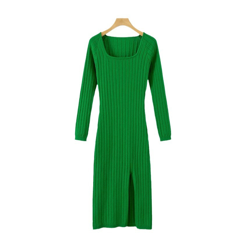 IvyShape | Round Neck Split Knit Long Dress