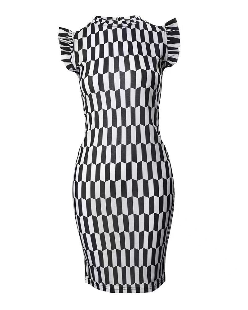 Women Figure-hugging dress with ruffle details and geometric pattern Ivyshape