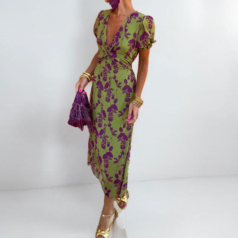 IvyShape | Printed Slim Fit V-Neck Short Sleeve Maxi Dress