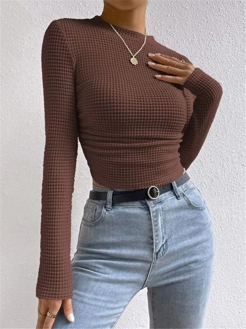 Women's fitted long sleeve crop top made of waffle texture Ivyshape