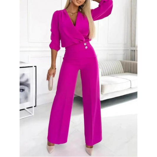 Ladies elegant jumpsuit with wrap top and wide leg Ivyshape