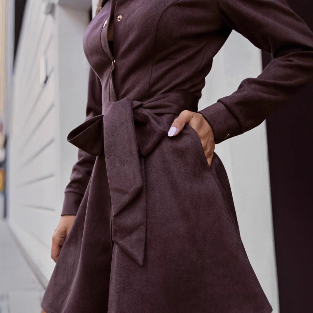 Women elegant shirt dress with waist belt and decorative button details Ivyshape