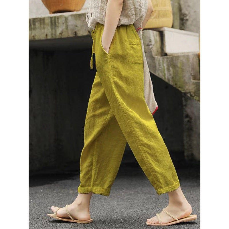 Women's casual linen pants with elastic waistband and side pockets Ivyshape