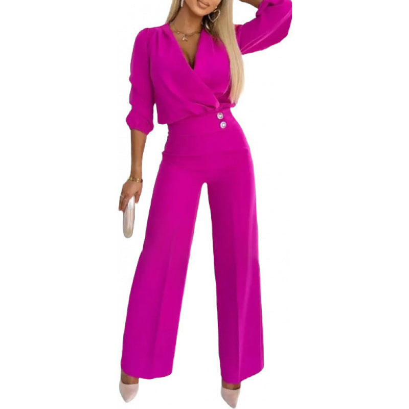 Ladies elegant jumpsuit with wrap top and wide leg Ivyshape