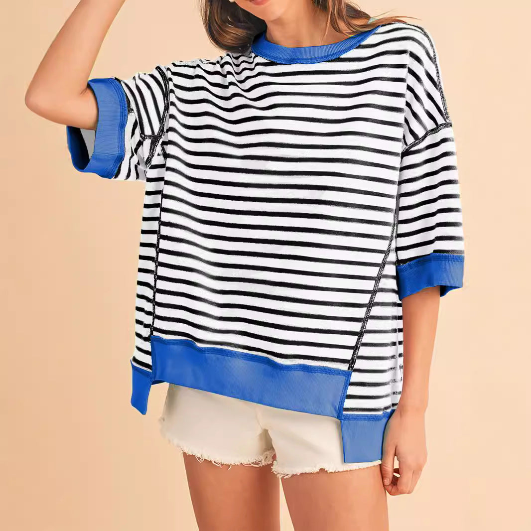 IvyShape | Fashion Striped Color Block Short Sleeve Top