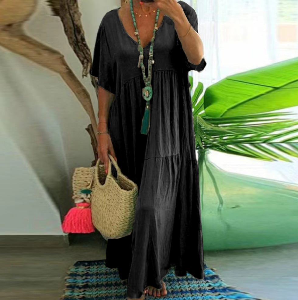 Women's airy boho maxi dress with flouncy hem and deep V-neck Ivyshape