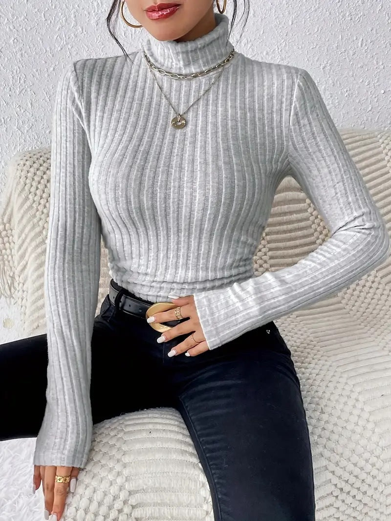 Women's Long Sleeve Turtleneck Sweater in Fine Rib Knit Ivyshape