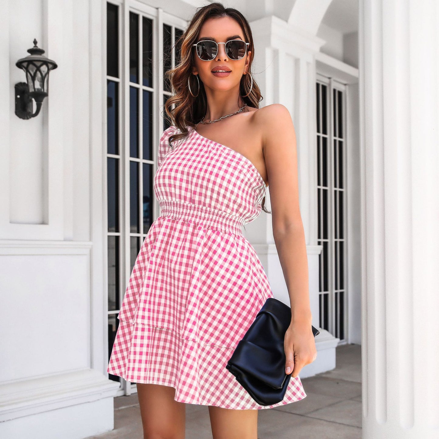 Ladies Long Sleeve Dress with One-Sided Strap and Casual Checkered Pattern Ivyshape