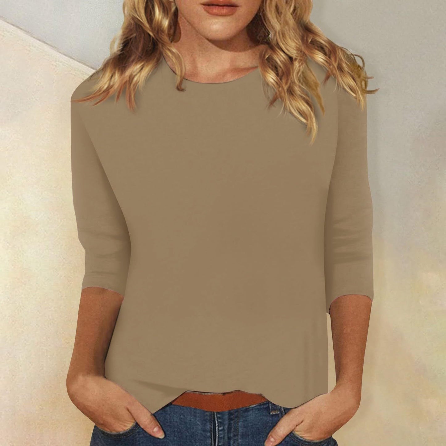 IvyShape | Round Neck Three-Quarter Sleeve Solid Color Tee