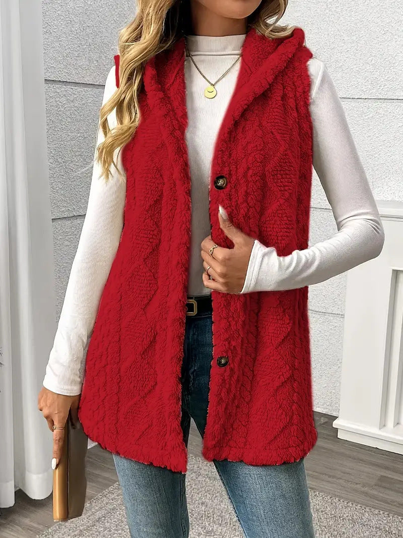 Women's Cozy Fleece Vest with Hood and Button Closure Ivyshape