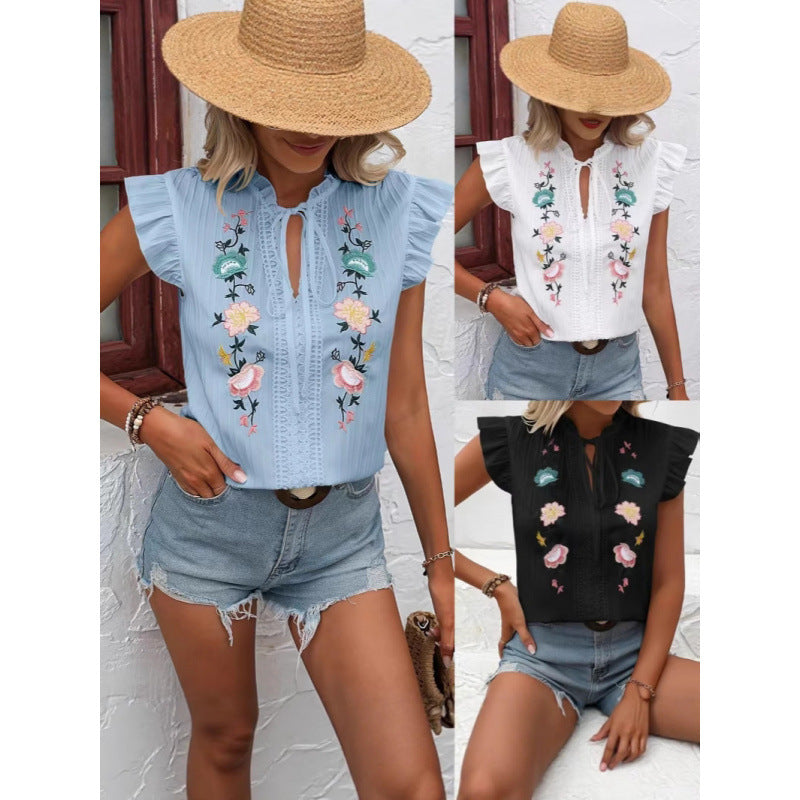 Ladies embroidered ruffle sleeve blouse Ivyshape