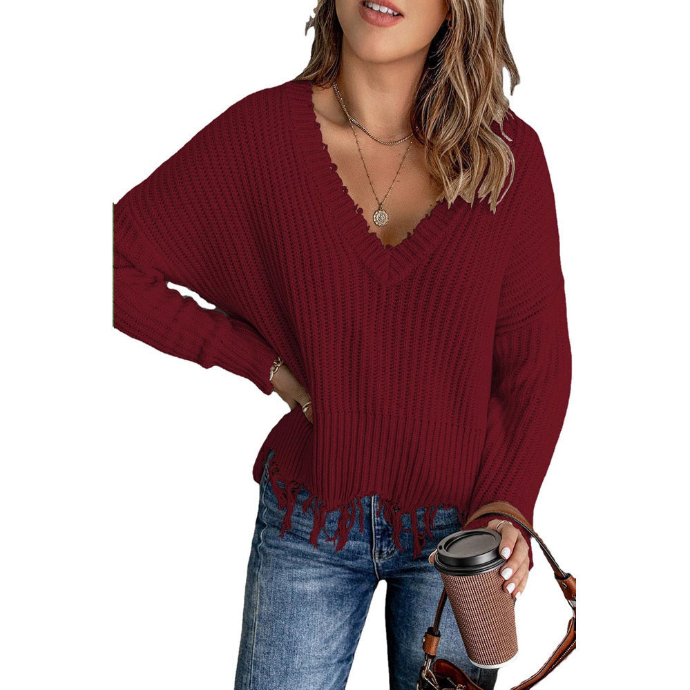 Women's V-neck knitted sweater with fringes Ivyshape