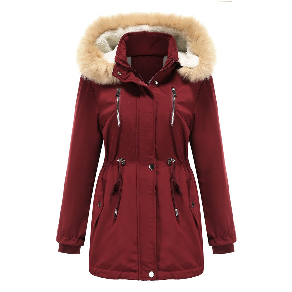 Women's fashionable outdoor jacket with removable faux fur collar and elastic waist drawstring Ivyshape