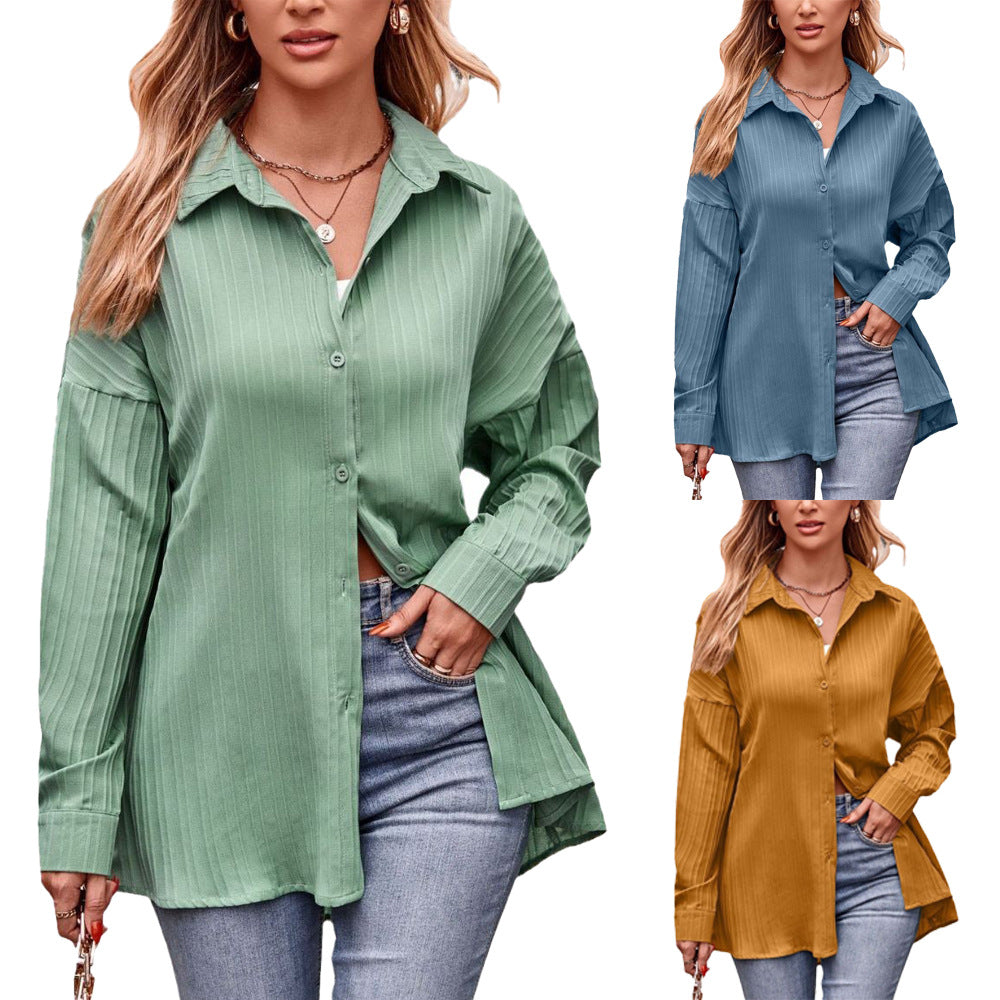 IvyShape | Double-Line Jacquard Loose Long Sleeve Solid Shirt