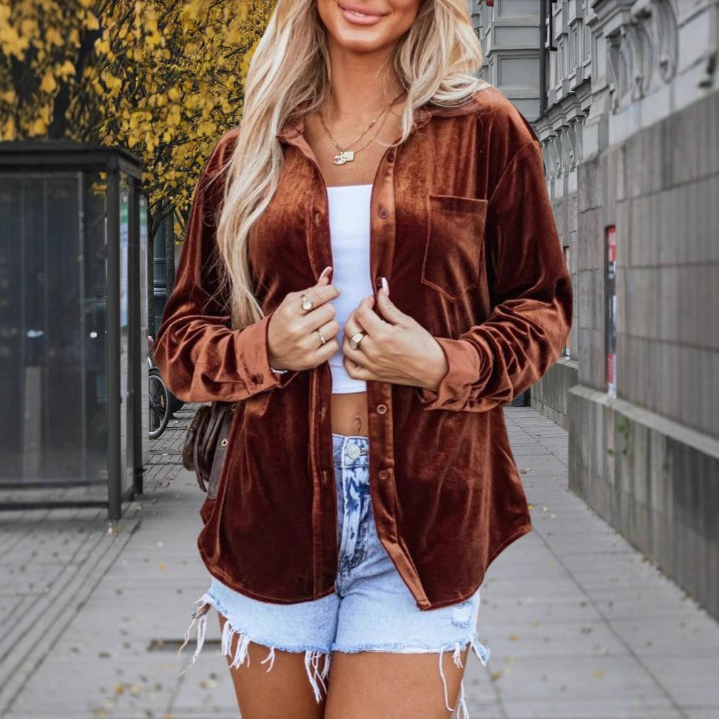 Ladies velour shirt jacket with modern cut and breast pocket Ivyshape