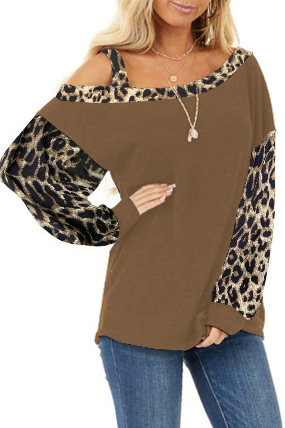 Women's casual top with off-shoulder design and trendy animal print sleeves Ivyshape