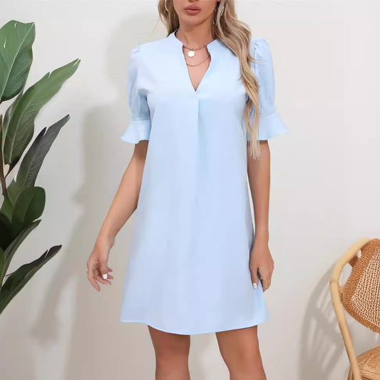 Women Elegant Short Sleeve Dress with V-Neck and Peplum Ivyshape