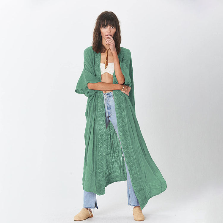 Women's long, airy wrap robe with fine lace appliqués Ivyshape