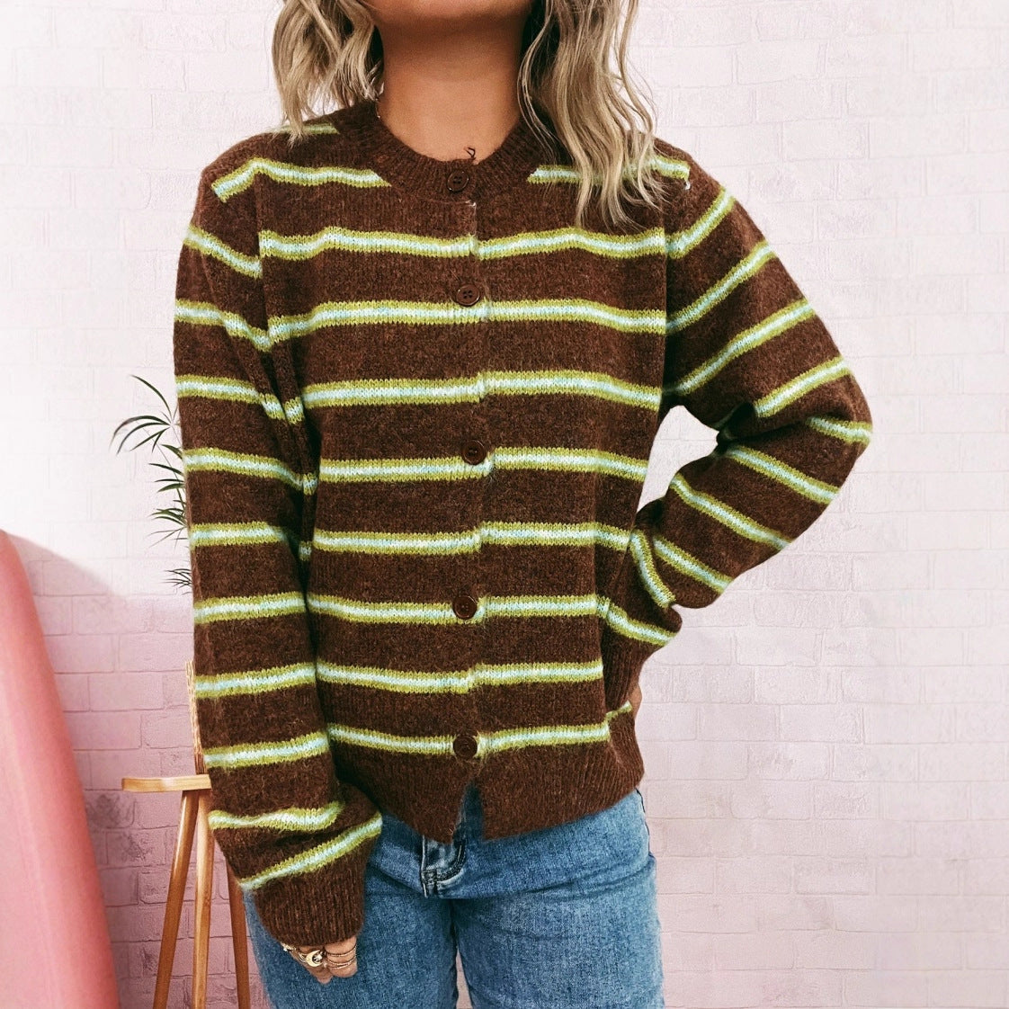 Women's Long-Sleeve Knitted Cardigan with Fashionable Stripe Pattern Ivyshape