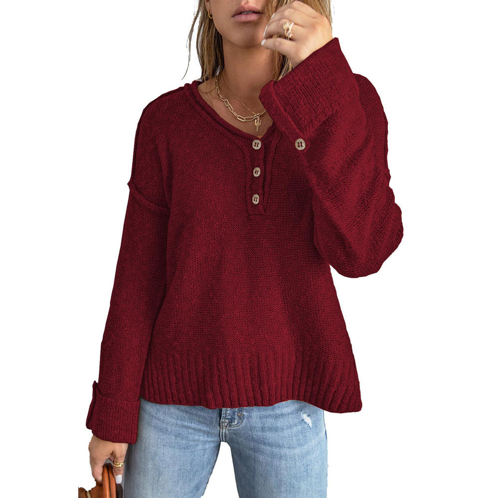 Ladies casual knit sweater with button placket and loose fit Ivyshape