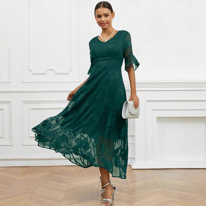 Ladies elegant midi dress with floral chiffon and V-neck Ivyshape