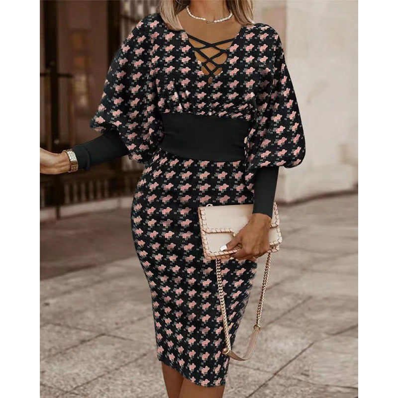 Women's Midi Dress with Geometric Print and Puff Sleeves Ivyshape