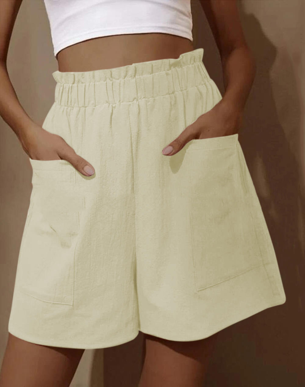 Women's casual linen shorts with elastic waist drawstring and practical side pockets Ivyshape