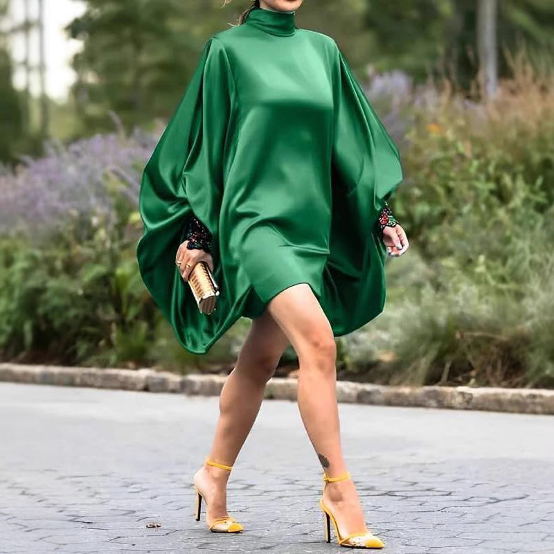 Ladies fashionable plus size mini dress with voluminous sleeves and elegant stand-up collar Ivyshape