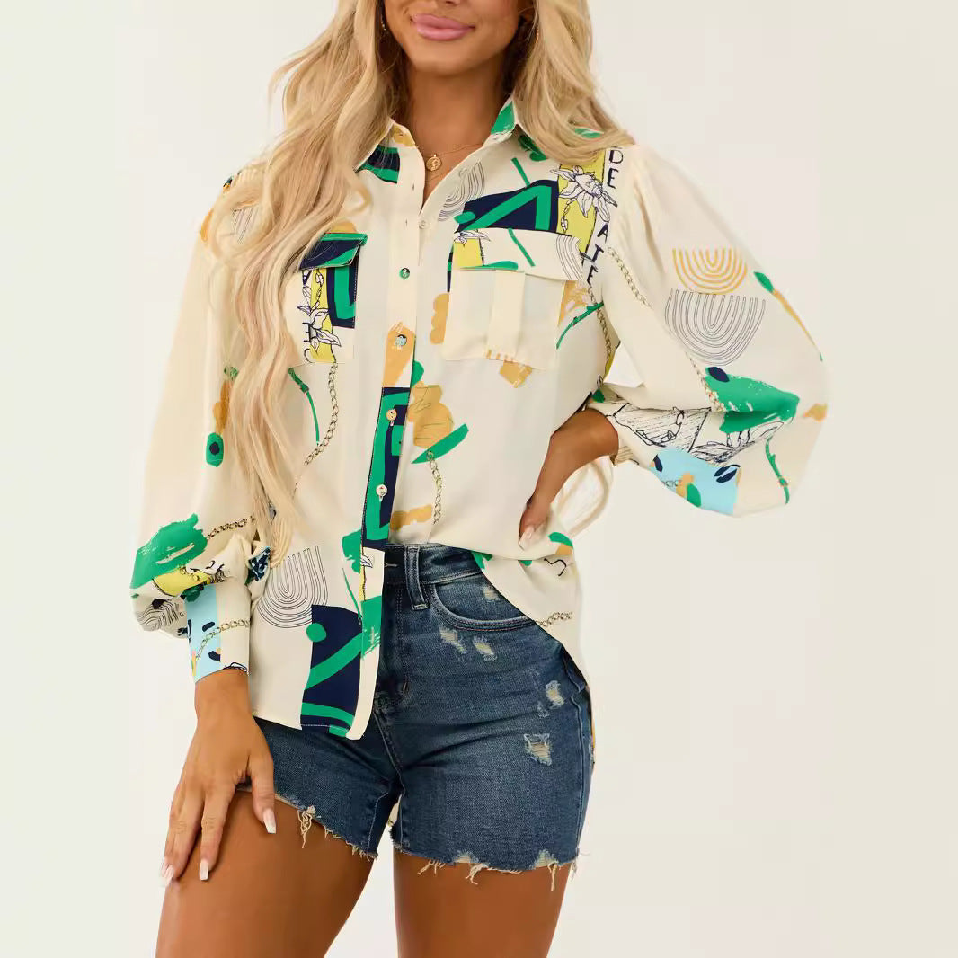 IvyShape | Long Sleeve Abstract Print Loose Versatile Outerwear Shirt